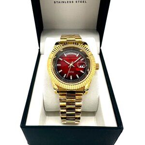 Gold Red Stainless Steel Presidential Luxury Day Date Watch